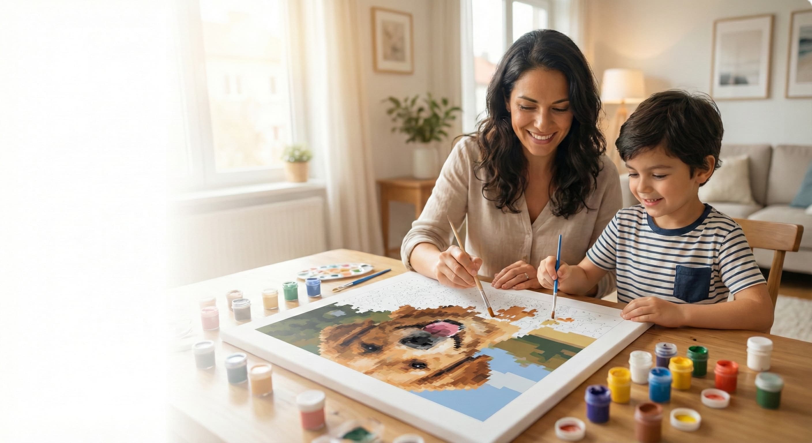 Madre e hijo pintando juntos un kit de pintar por numeros